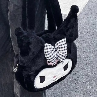 Bolsa de estudante fofa Kuromi Bolsa de ombro de pelúcia de desenho animado de grande capacidade Bolsa macia para menina