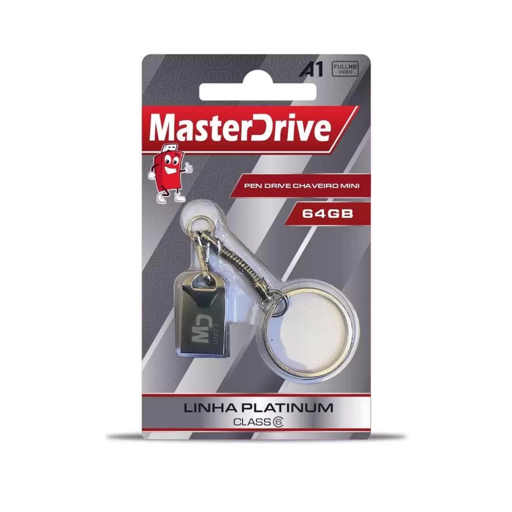 Mini Pendrive 64GB Tipo Chaveiro MasterDrive Platinum - MASTER DRIVE