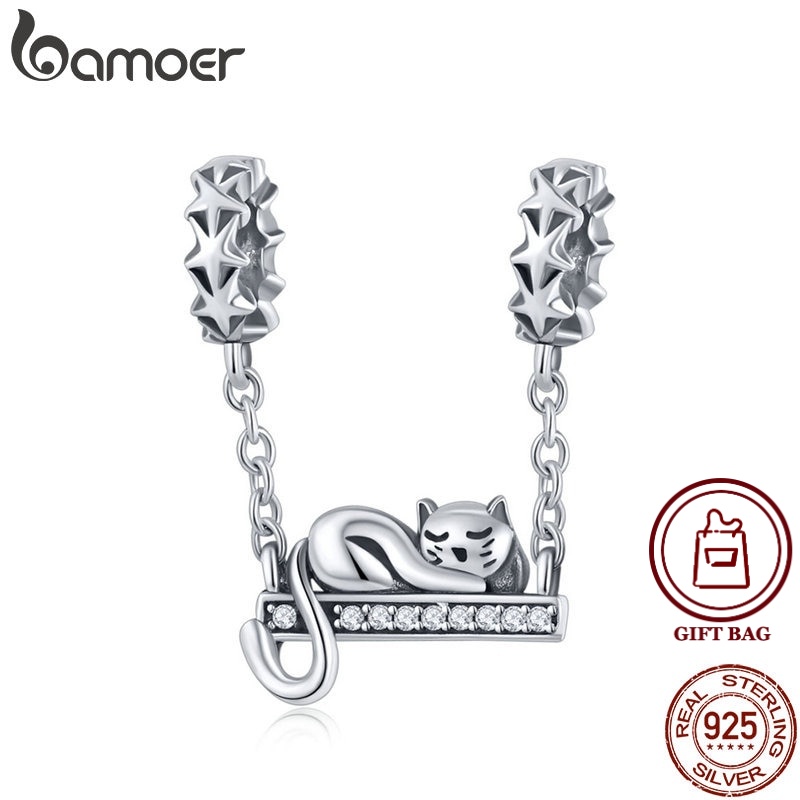 BAMOER 925 Sterling Silver Adorable Cat Star Charms Star Pave Charm Fit Bracelet & Necklaces DIY Jewelry Christmas Gift SCC856