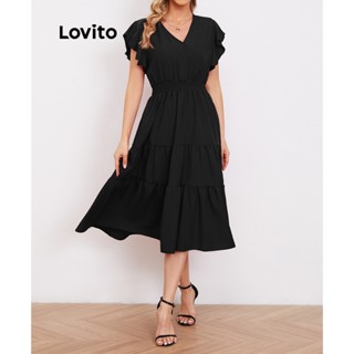 Lovito Casual Vestido Feminino Liso com Babados LNE27235 (Preto)