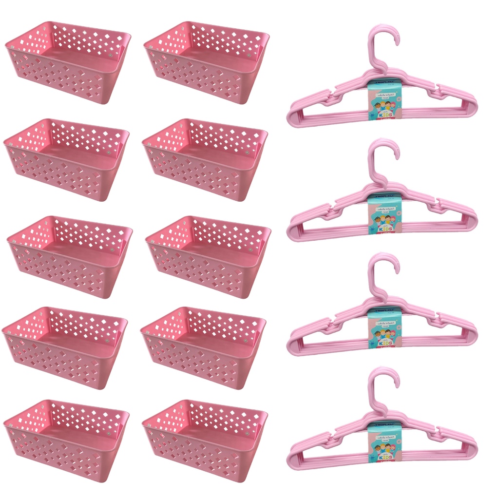 Kit 10 Cestos Organizador Multiuso Médio Rosa 19x14x6 + 20 Cabide Infantil Bebê Rosa