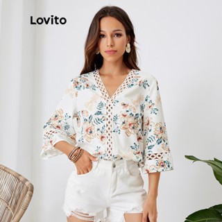 Lovito Boho Blusa Floral com Renda Contraste L24LD111 (Branco)