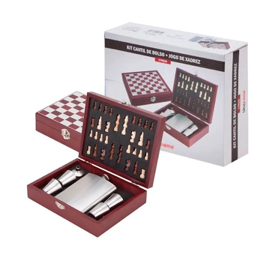 Kit Cantil de Bolso Inox Copos Funil e Tabuleiro de Xadrez