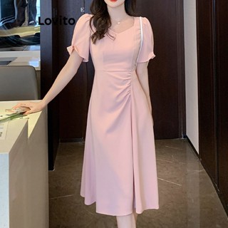 Lovito Vestido Elegante Liso Plissado Plissado Em Linha A Para Mulheres LNE34101 (Multicolorido)