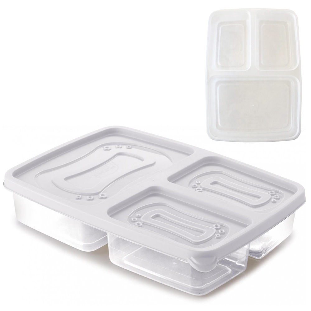 Pote para marmita lanche com 3 divisórias e tampa branco frutas comida alimentos mantimento geladeira freezer microondas tapuer tapawer tapoer Plasútil