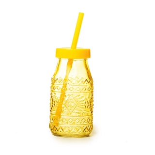 Garrafinha Detalhe Étnica 260ml de Vidro Amarelo com Tampa e Canudo para Sucos e Refrescos em Oferta na Shopee