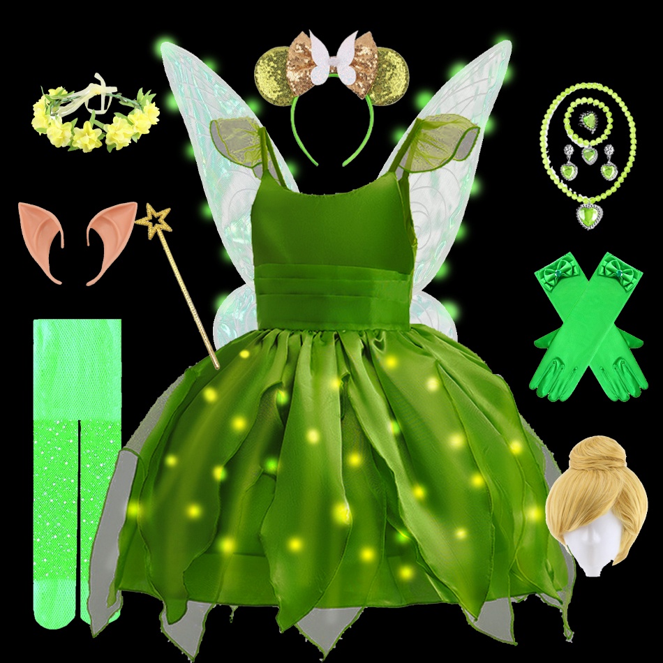 Fantasia De Natal Para Crianças Tinkerbell Light Up Led Princess Dress for Girl Cosplay Fada De Carnaval Verde