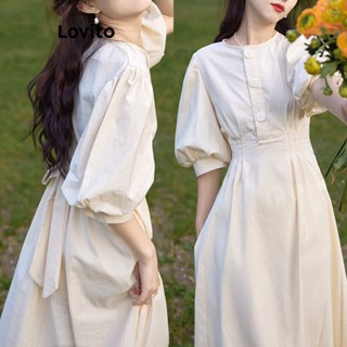 Lovito Vestido Elegante Com Botão Frontal Liso E Cinto Para Mulheres LNA37038 (Branco Preto)