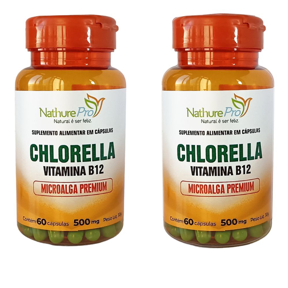 Kit 2 Suplemento Alimentar - Chlorella Vitamina B12 Microalga Premium 60 Cápsulas 500mg - Matéria prima importada!