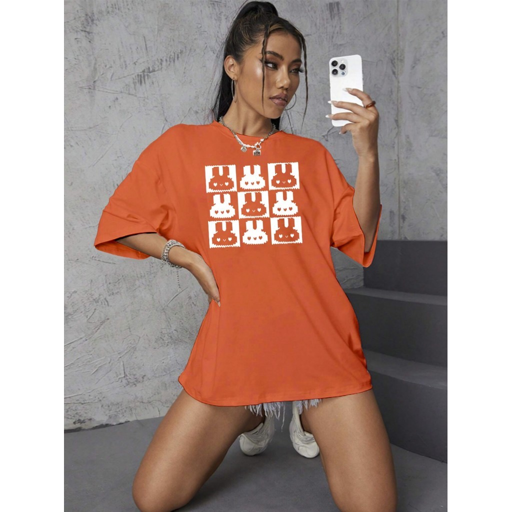 Camiseta Oversized Academia Blusa Virtual Larga Camisa T Shirt Pixel Heart Coelhinho Estampa Bordado