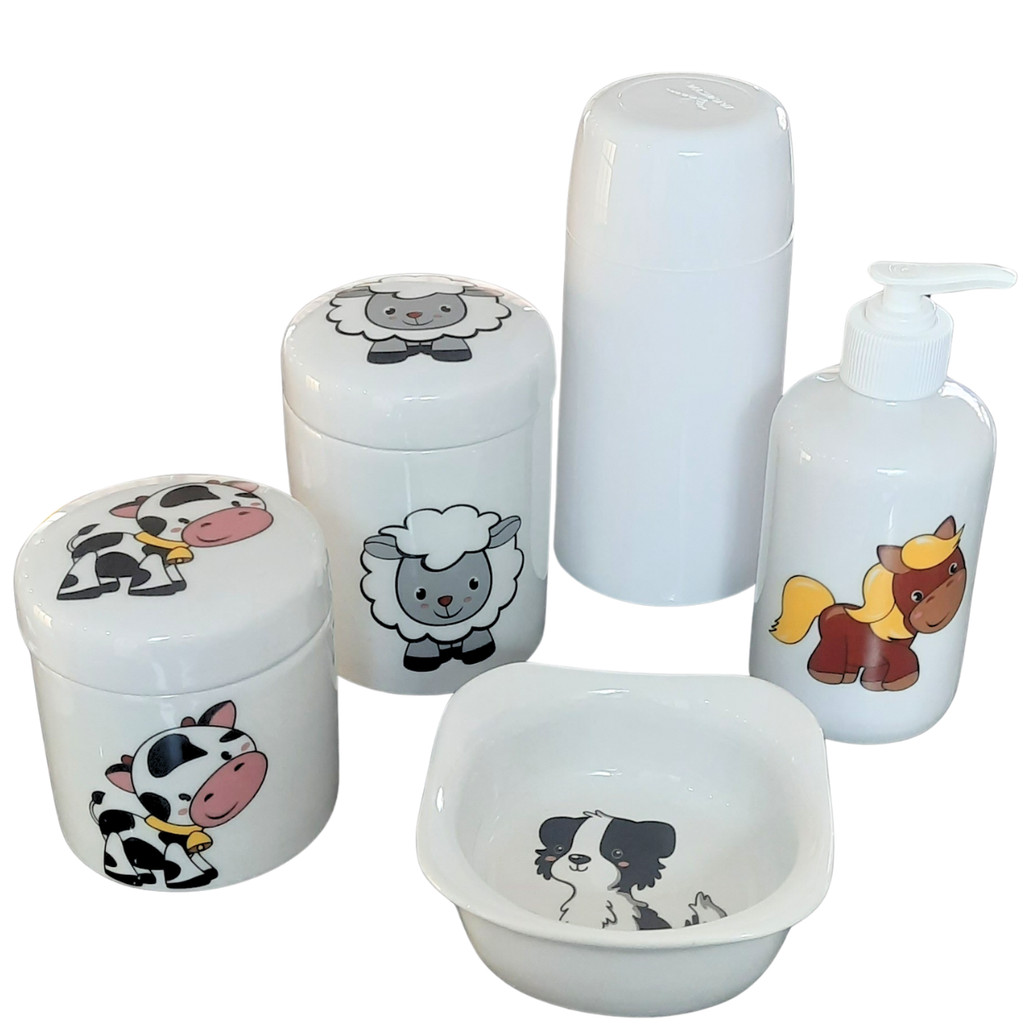 Kit higiene bebê Fazendinha 5 peças - potes, porta álcool, garrafa térmica e molhadeira - Peças Porcelana