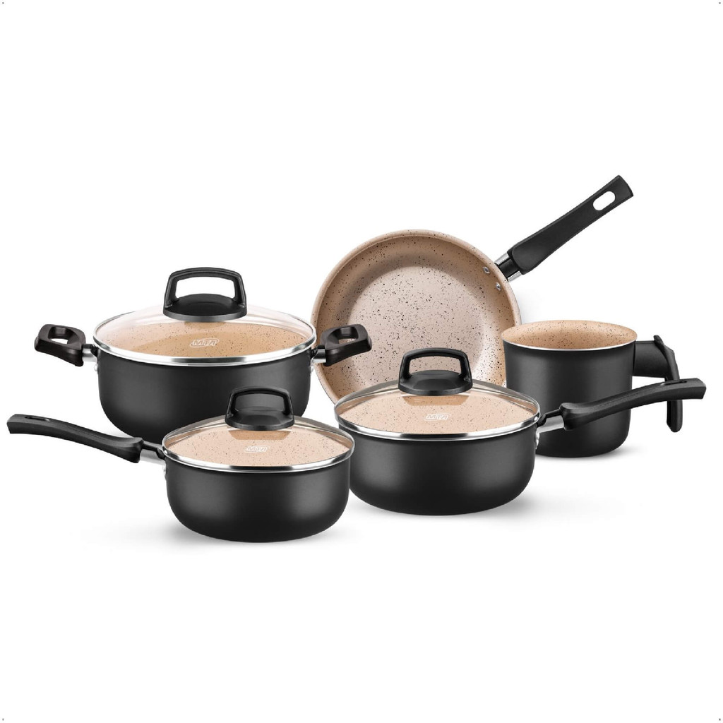 Jogo de Panelas Safira 5 Peças Alumínio Antiaderente Preto/Bege MTA 8495 em Oferta na Shopee