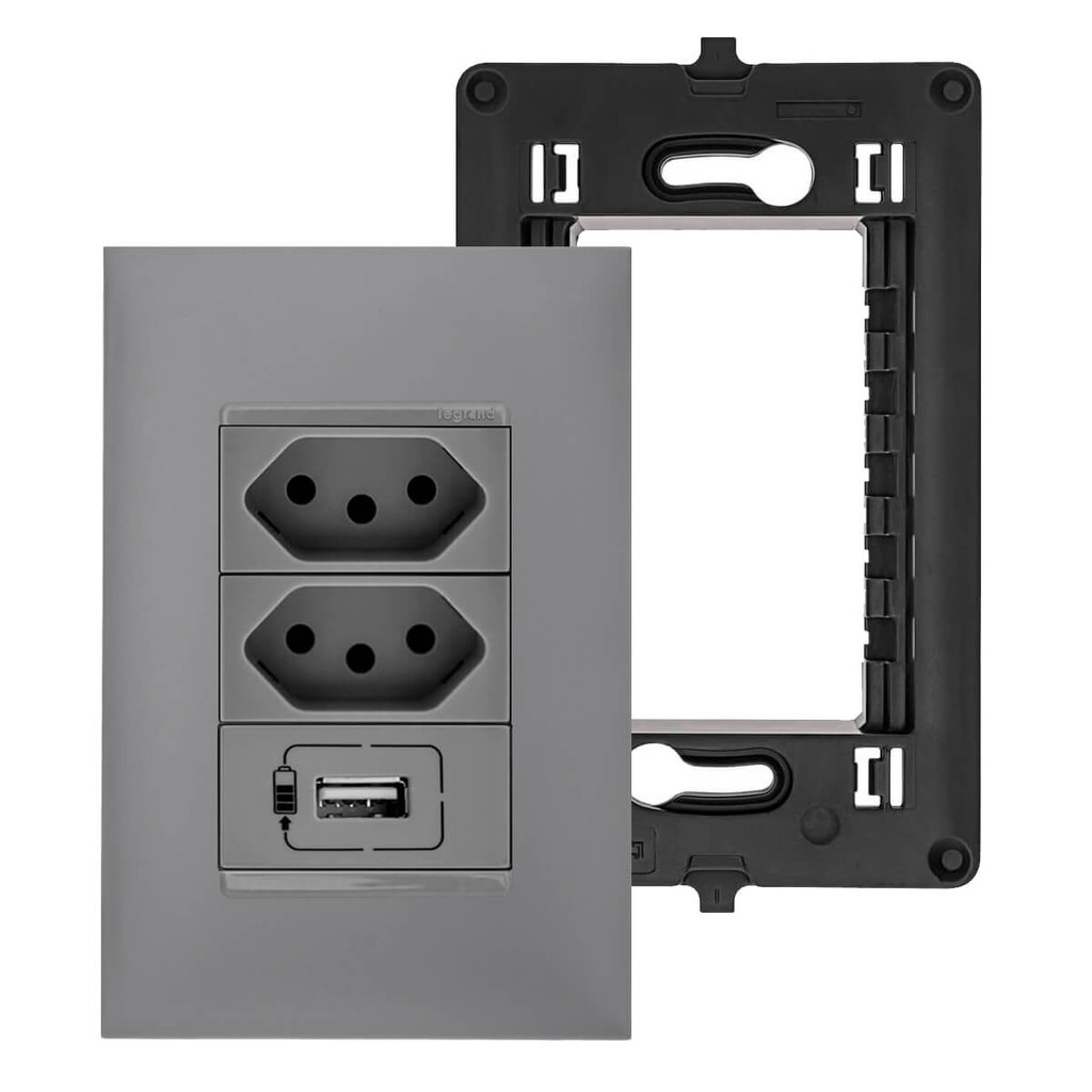 Kit 2 Tomadas 20A com Tomada USB 1500mAh com placa e suporte 4x2 Legrand PIAL Plus+