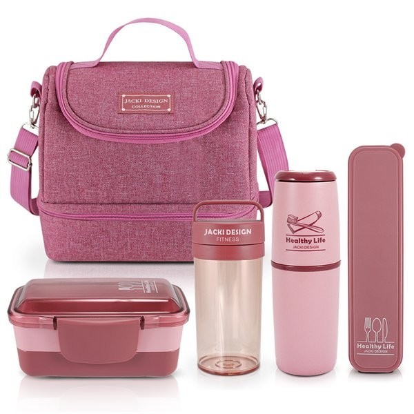 Conjunto de Bolsa Térmica c/ 2 Compartimentos, Pote Marmita e Garrafa, Porta Talher e Porta Escova