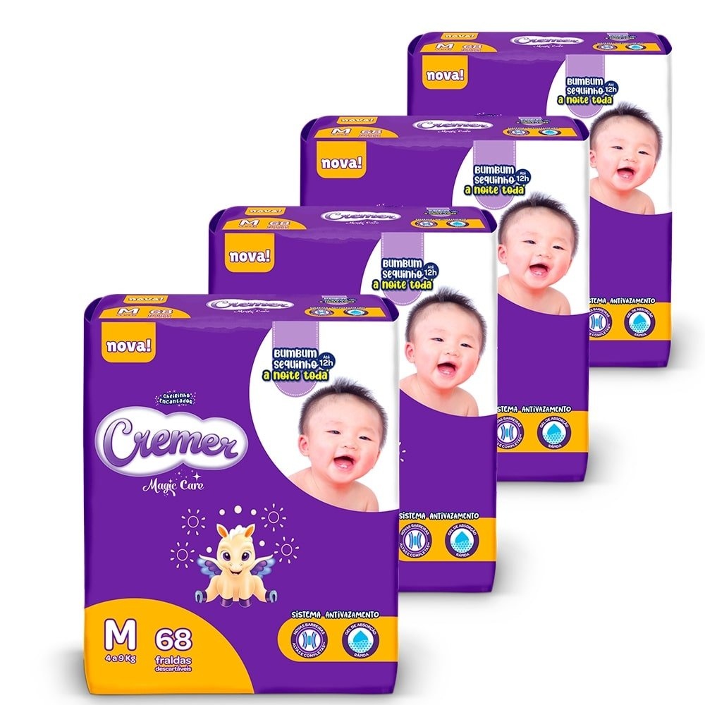 Fralda Descartável Cremer Magic Care Tamanho M - 4 Pacotes com 68 Fraldas - Total 272 Tiras em Oferta na Shopee