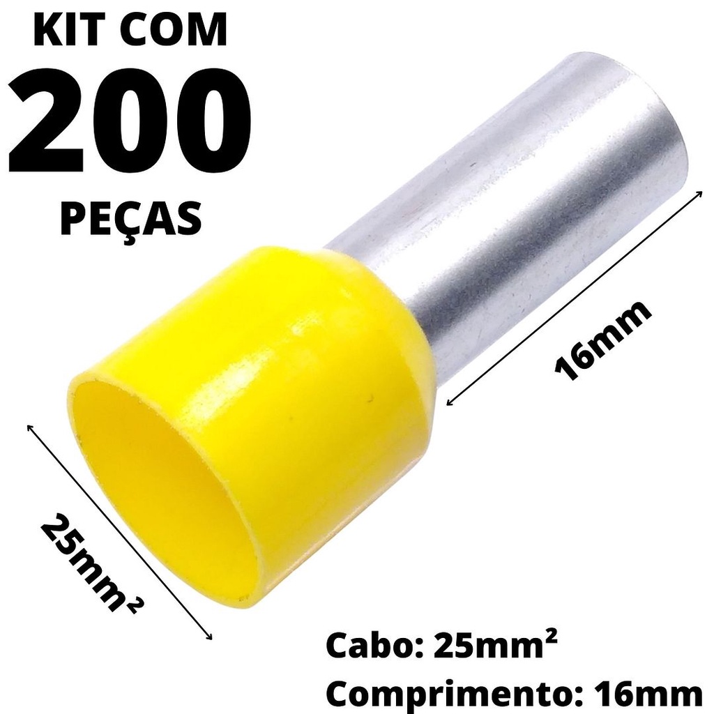 200un Terminal Tubular Ilhós Pré-isolado Simples Para Cabo de 25mm² Metal 16mm Amarelo E25-16
