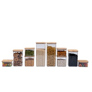 Kit 10 Potes de Acrílico com Tampa de Bambu Quadrados Mantimento - Oikos