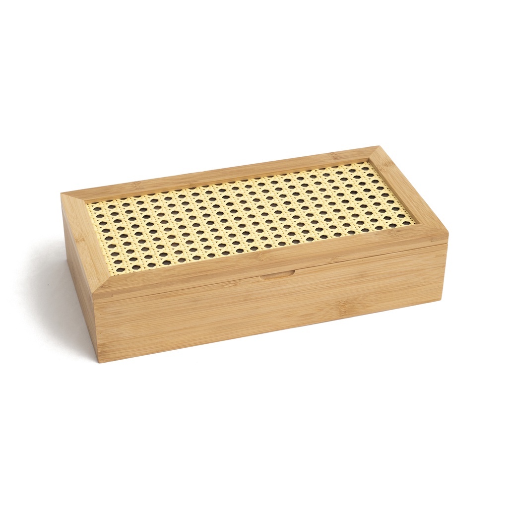 Caixa Decorativa de Palha Indiana e Bambu 8 Nichos Oikos Natural Tampa de Acrílico e Palhinha Porta Especiarias e Chá