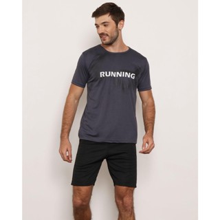 Camiseta Masculina Fitness Manga Curta Estampa Running Cinza