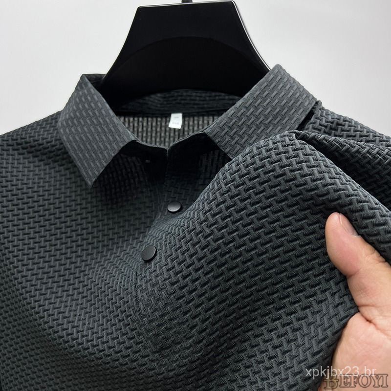 Seda pólo t-shirt para homens de manga curta negócio botão Collard cor sólida Paul solto top camisa dos homens camisa