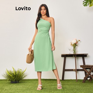 Lovito Casual Vestido Feminino Liso Assimétrico Amarrado com Cordão LBA05081 (Verde)