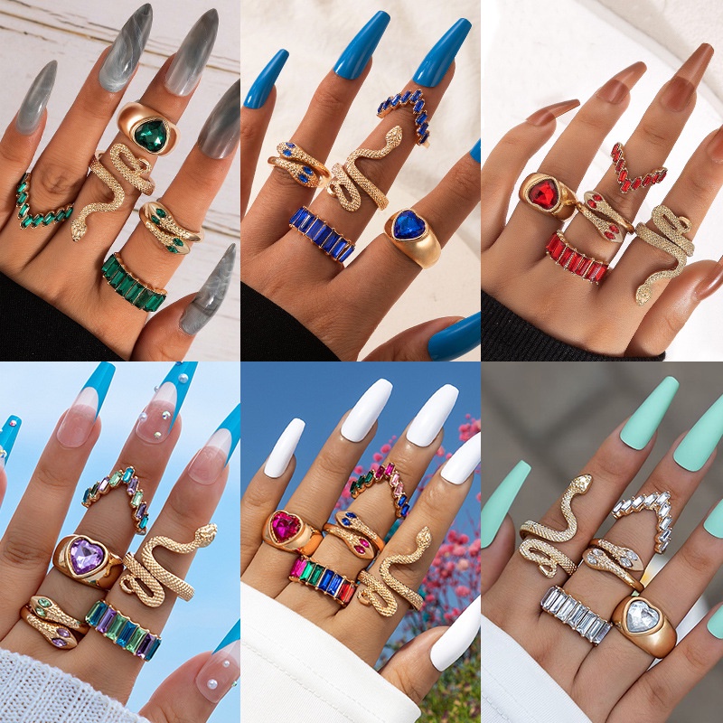 Jóias da Moda Européia Americana Jóias Anel Jóias em Forma de Cobra Imitação de Amor Diamante Esmeralda ins Style Five-Piece Ring Fêmea em Oferta na Shopee
