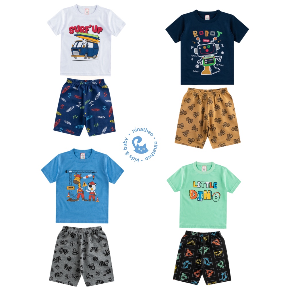 Kit Conjunto Infantil Menino - 4 Camisetas e 4 Bermudas ( 4 Conjuntos)  (Tamanhos 1 ao 3)
