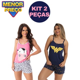 KIT 2 Pijamas Feminino Curto Baby Doll Malha Mulher Maravilha Virginia Estampado Personagens Adulto Alça Fina Barato