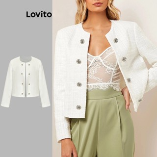 Lovito Elegante Blazer Feminino Liso com Botão L71ED266 (Preto/Branco)