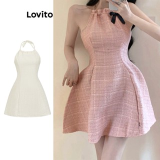 Lovito Casual Vestido Feminino Liso de Tweed Trançado L71ED231 (Branco/Rosa/Preto)
