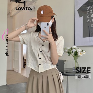 Lovito Blusa Básica Feminina Plus Size Curva Casual Com Botão Frontal Contrastante LNE33106 (Damasco)