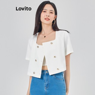 Lovito Casual Blusa Feminina Lisa com Botão Duplo L68ED015 (Branco)
