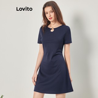 Lovito Casual Vestido Feminino Liso com Argola e Recorte L68ED255 (Azul Escuro)
