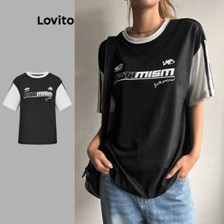 Lovito Elegante Camiseta Feminina Colorblock com Estampa de Texto L74ED369