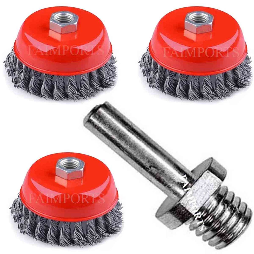 Jogo 3 Escovas De Aço Torcido Rotativa Furadeira Parafusadeira 75mm Adaptador M14 Aço