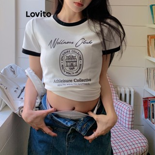 Lovito Camiseta Feminina Casual Com Costura Em Tecido Liso Com Padrão LNE37312 (Branco Preto)