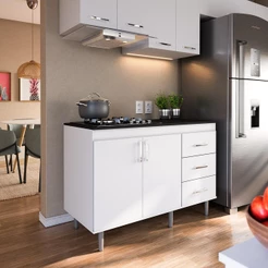 Balcão de Cozinha Para Cooktop 1,20m 5 Bocas 2 Portas E 3 Gavetas Turim Branco