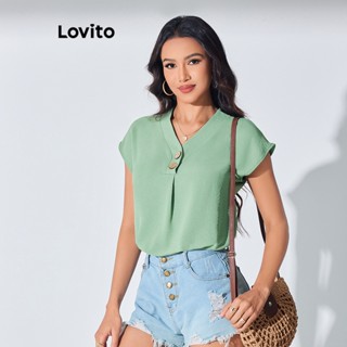 Lovito Casual Blusa Feminina Simples com Botão Plissada LBL07131