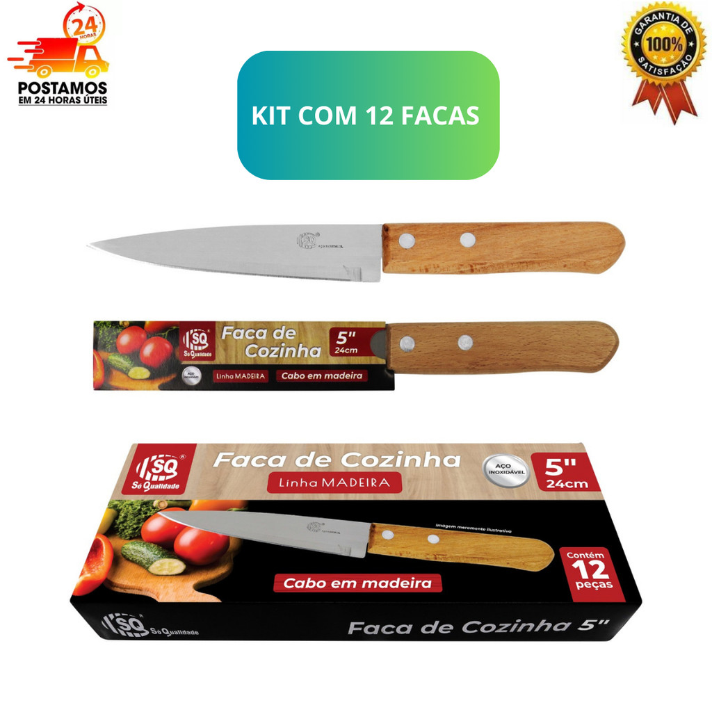 kit 12 Facas de Cozinha Aço 5´´ Inox Cabo de Madeira Carne Salada Legumes Churrasco em Oferta na Shopee