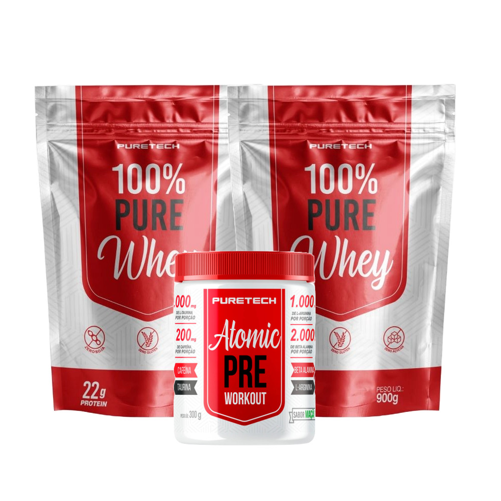 Kit 2x 100% Pure Whey 900g + Pré treino Atomic Maça Verde 300g PURETECH em Oferta na Shopee