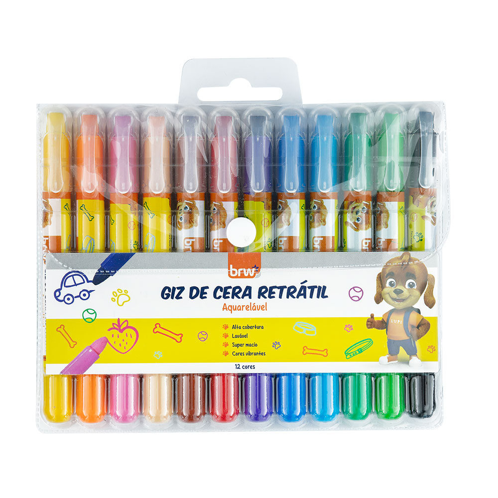 Giz de cera retrátil aquarelável 12 cores BRW - Stationery