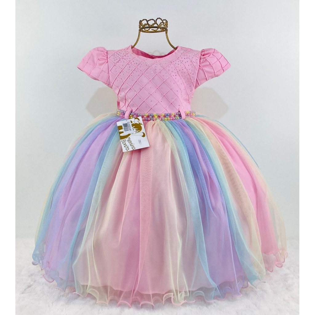 Vestido rosa candy colorido unicornio festa infantil luxo realeza RN a 3 anos em Oferta na Shopee