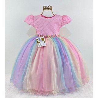 Vestido rosa candy colorido unicornio festa infantil luxo realeza RN a 3 anos em Oferta na Shopee