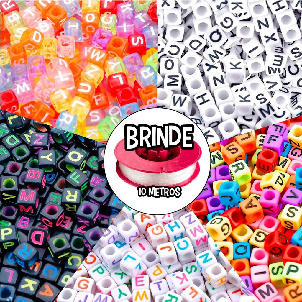 Kit Miçanga Letras 5 Tipos 500un Colorida Letrinha 10m Fio Comprimento 6 mm Colorido Diâmetro 6 mm