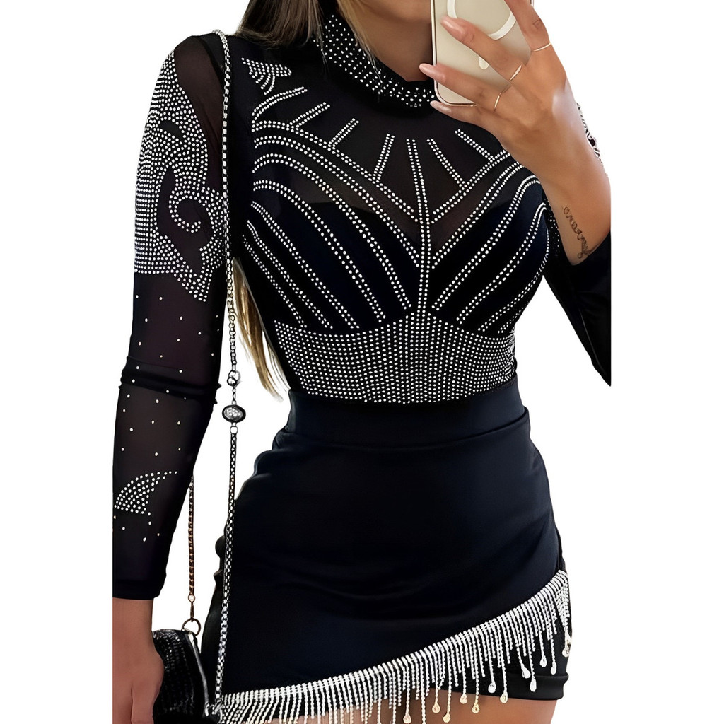 Conjunto Body Tule Pedraria Manga Longa E Saia Babado Strass