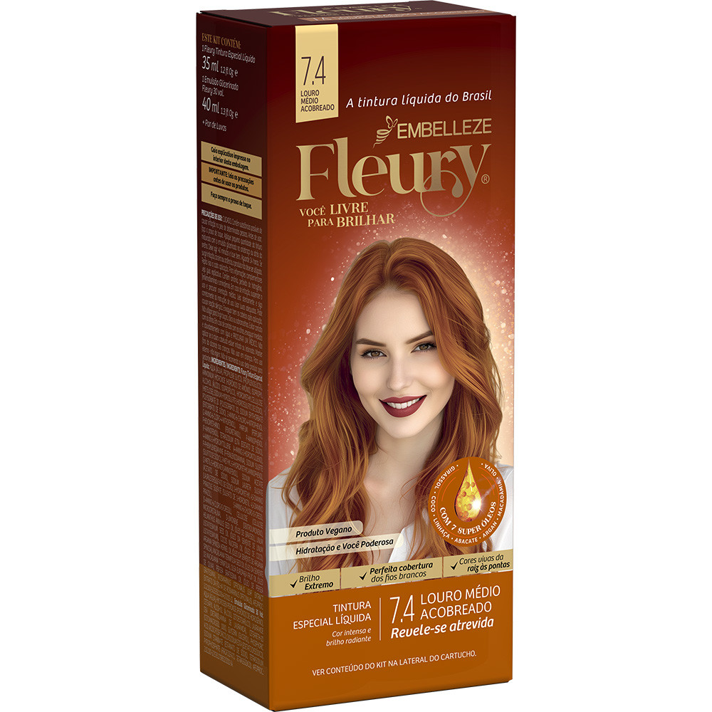 Tinta de cabelo Fleury Louro Médio Acobreado 7.4 em Oferta na Shopee