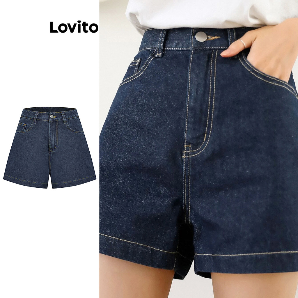 Lovito Shorts Jeans Casuais Lisos E Crus Com Pontas Para Mulheres L95ED915