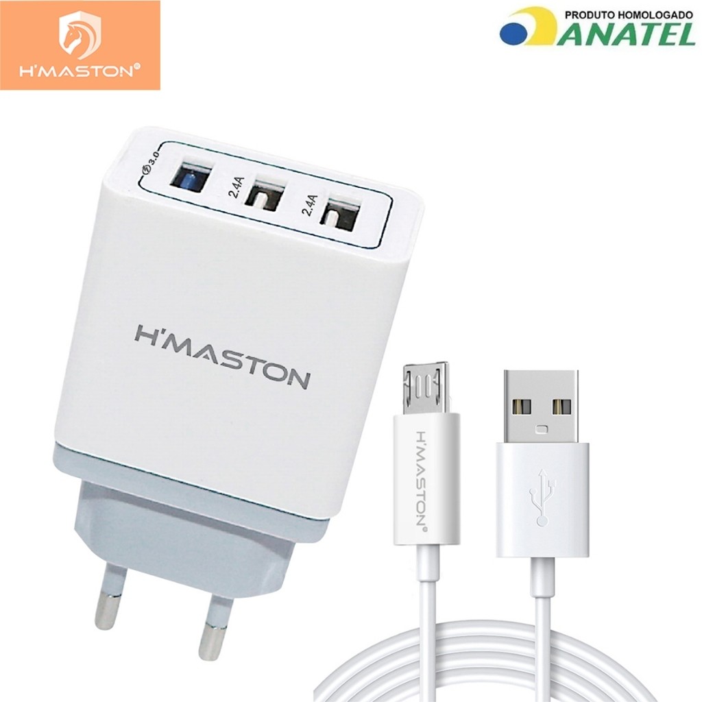 H'maston H62 Fonte Carregador 2EM1 Turbo Celular ABC+PC Original QC3.0 e 3Usb 8.1A Com Cabo Para V8 Tipo-c Lighting