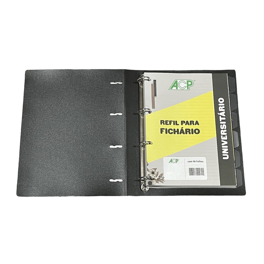 Fichário Universitário Argolado A4 Preto + Bloco E Divisórias ACP Sweet