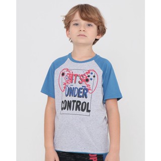 Camiseta Infantil Raglan Estampa Game Mescla Cinza